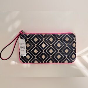 NWT LOFT Geo Print Wristlet Pouch Navy Pink Straw Textured